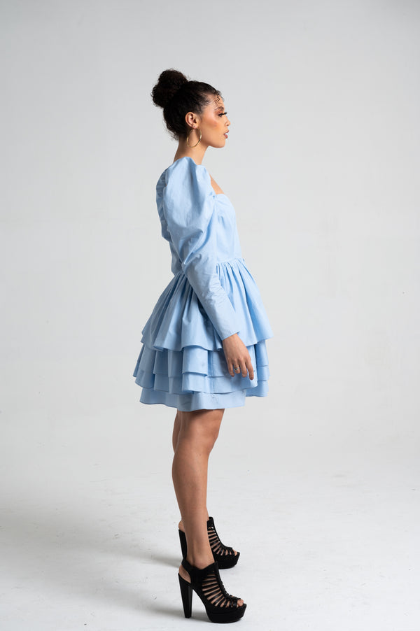 Saran Puffy-Sleeves Knee Dress