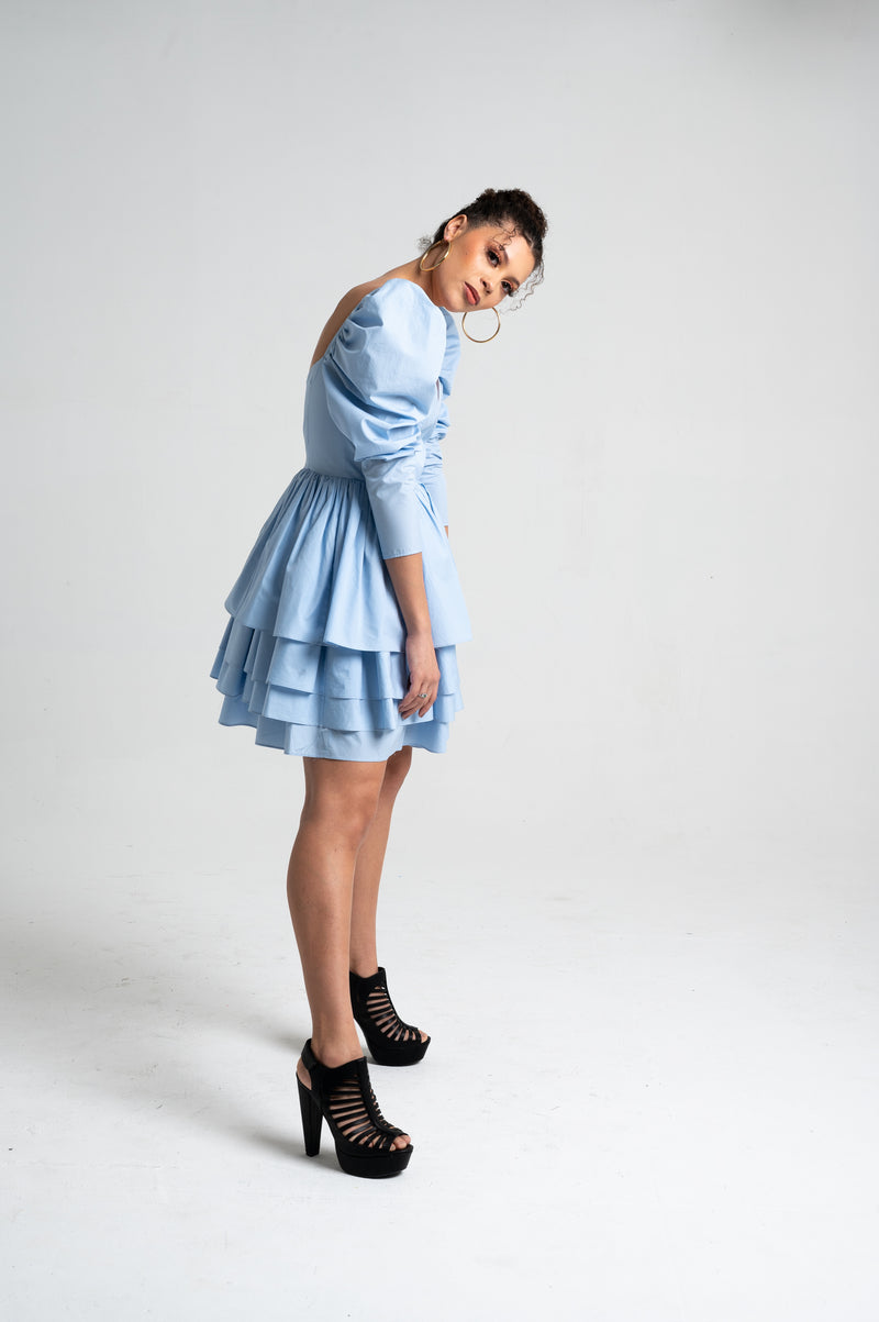 Saran Puffy-Sleeves Knee Dress