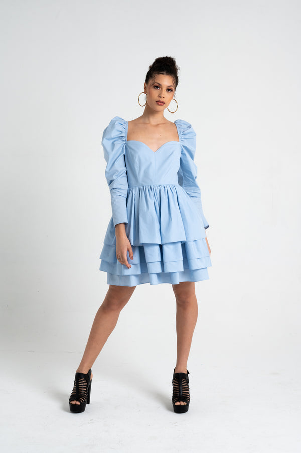 Saran Puffy-Sleeve Ruffle-Skirt Dress